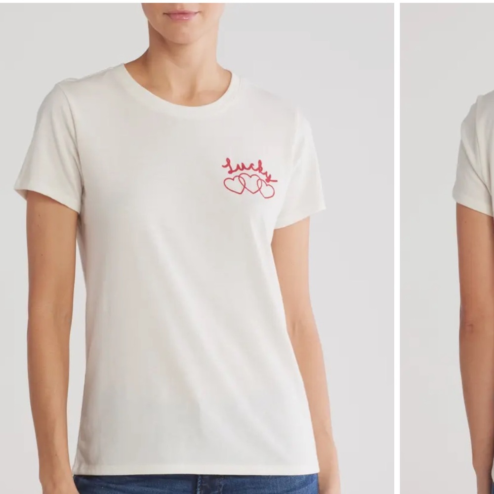 Lucky Brand White Tee with Red Heart Embroidery  XL